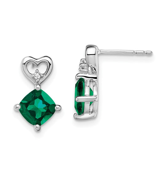 14k White Gold Created Emerald and Diamond Heart Earrings