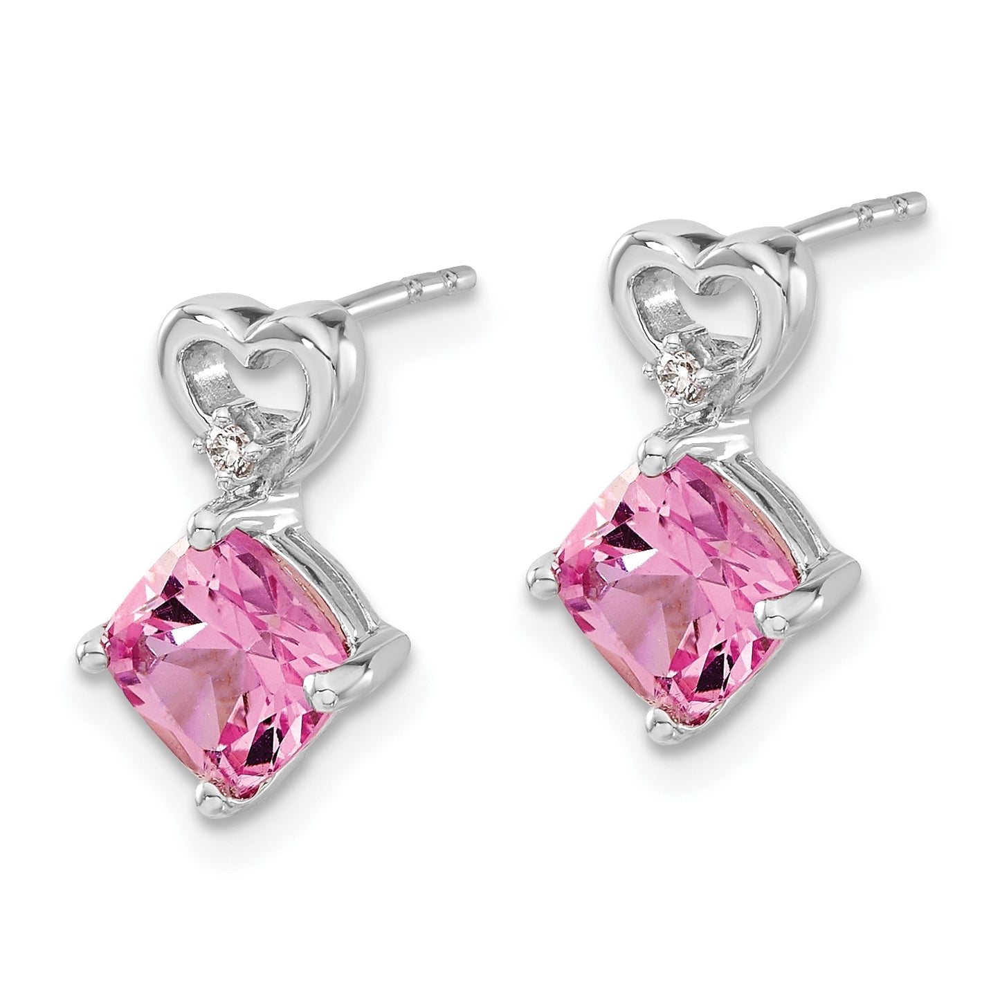 14k White Gold Created Pink Sapphire and Diamond Heart Earrings