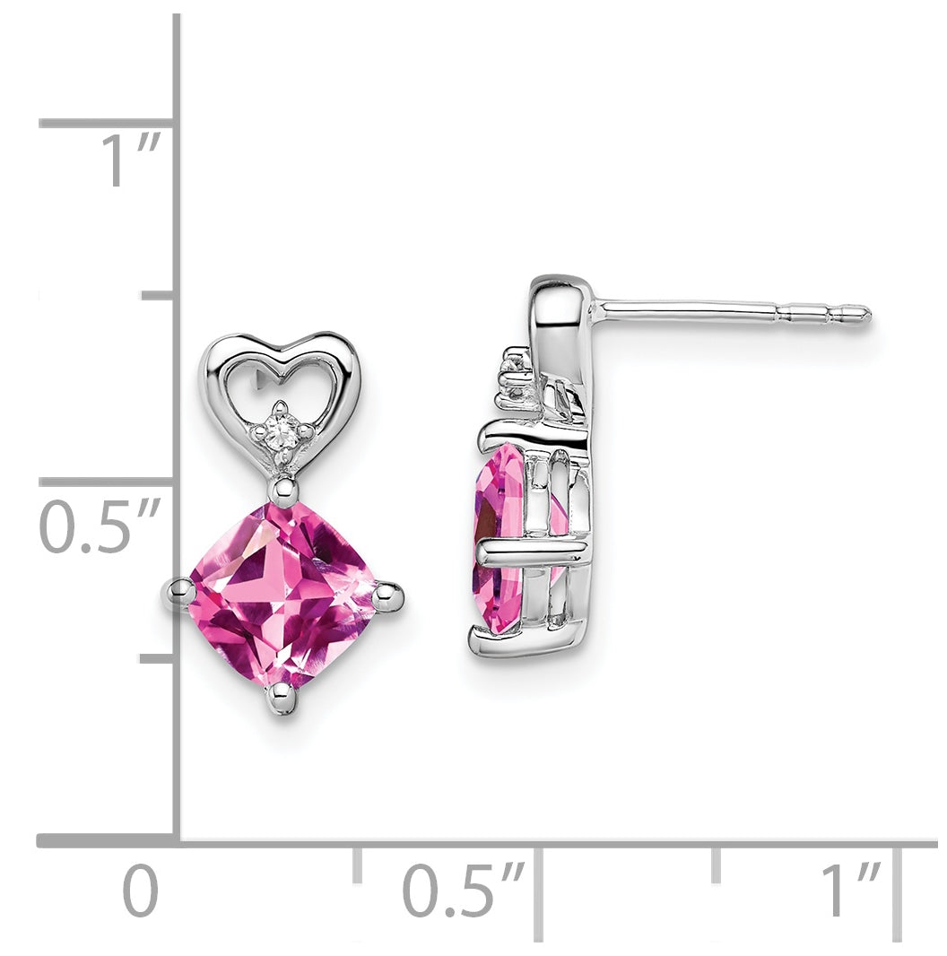 14k White Gold Created Pink Sapphire and Diamond Heart Earrings