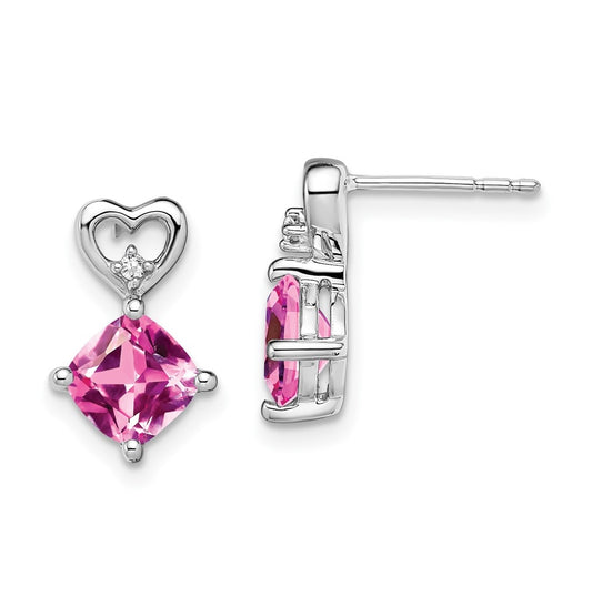 14k White Gold Created Pink Sapphire and Diamond Heart Earrings