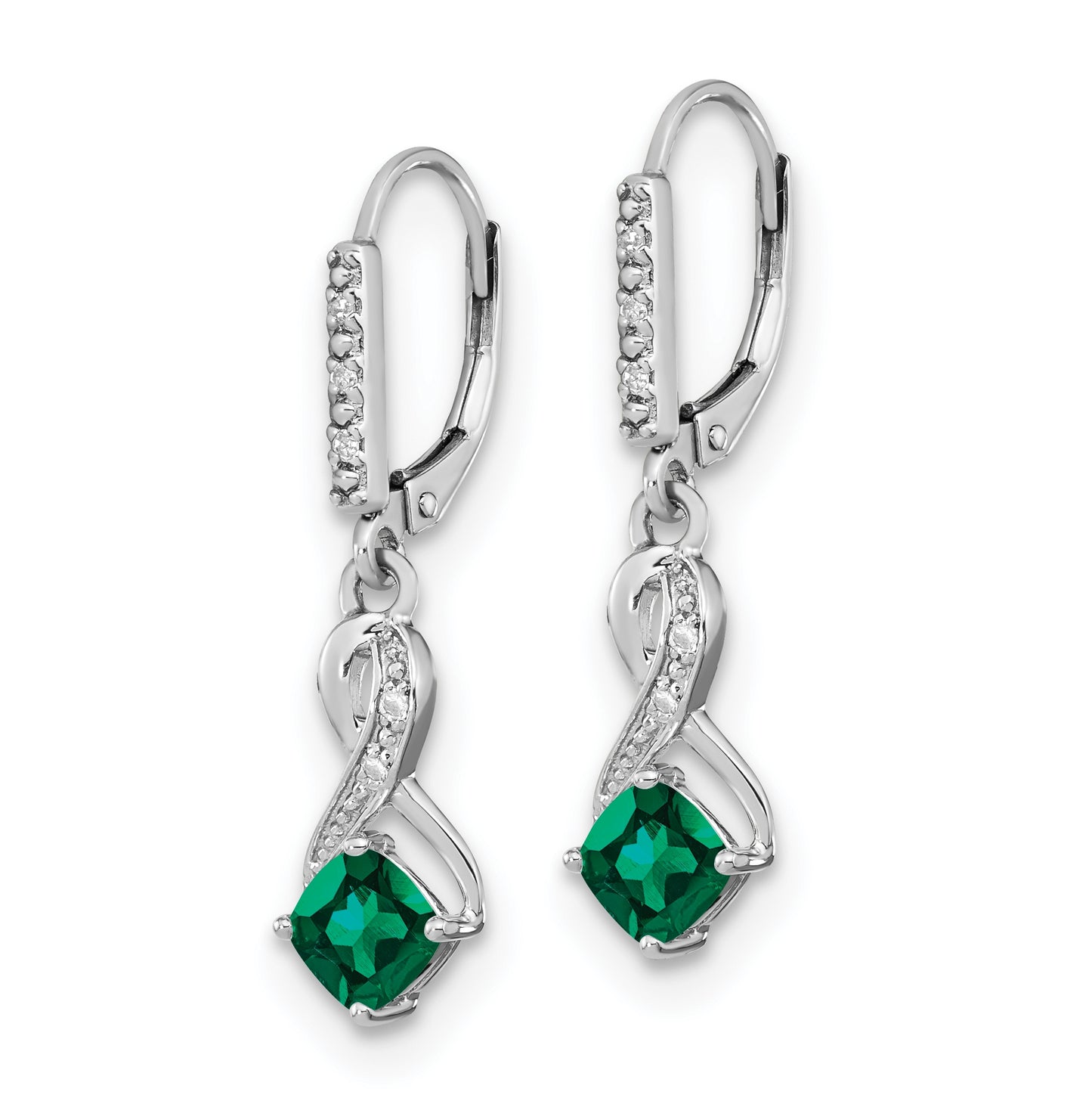 Sterling Silver Rhodium plated Created Emerald and Diamond Earring