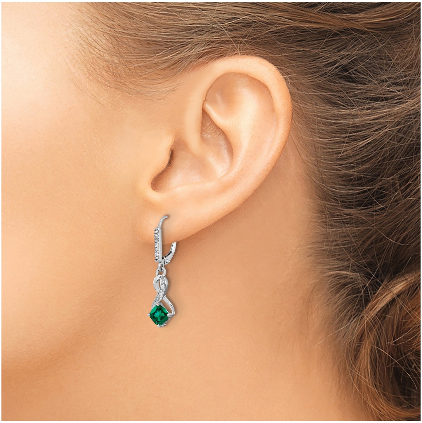 Sterling Silver Rhodium plated Created Emerald and Diamond Earring