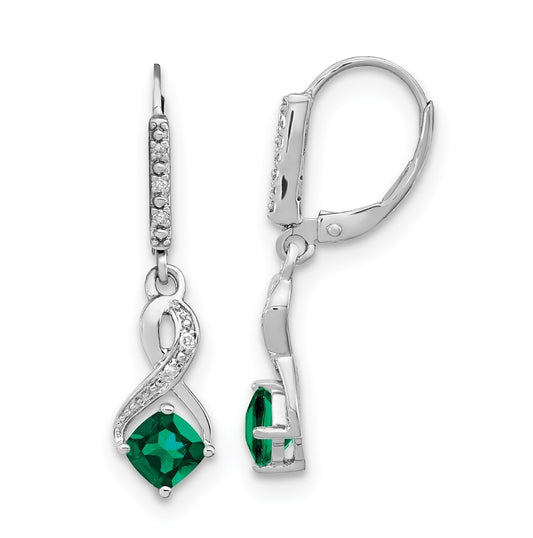 Sterling Silver Rhodium plated Created Emerald and Diamond Earring