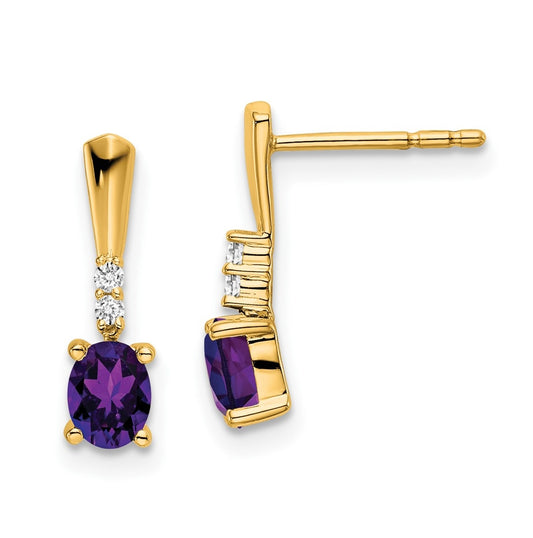 14K Yellow Gold Oval Amethyst and Diamond Dangle Earrings