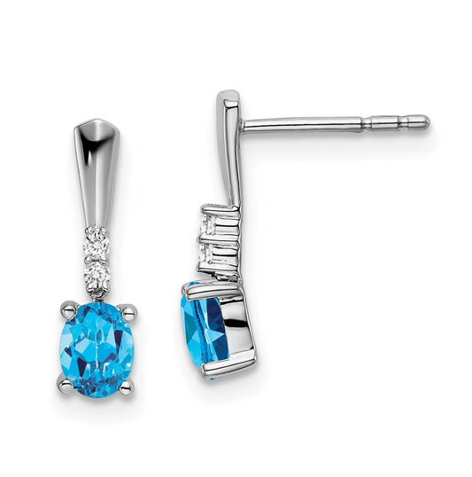 14k White Gold Oval Blue Topaz and Diamond Dangle Earrings