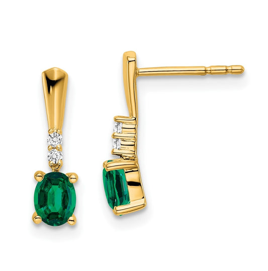 14K Yellow Gold Oval Created Emerald and Diamond Dangle Earrings