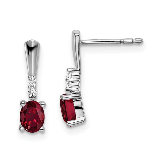 14k White Gold Oval Created Ruby and Diamond Dangle Earrings