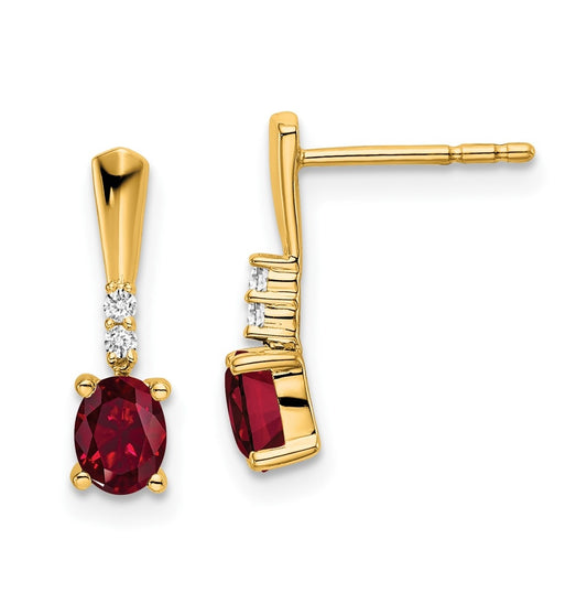 14K Yellow Gold Oval Created Ruby and Diamond Dangle Earrings