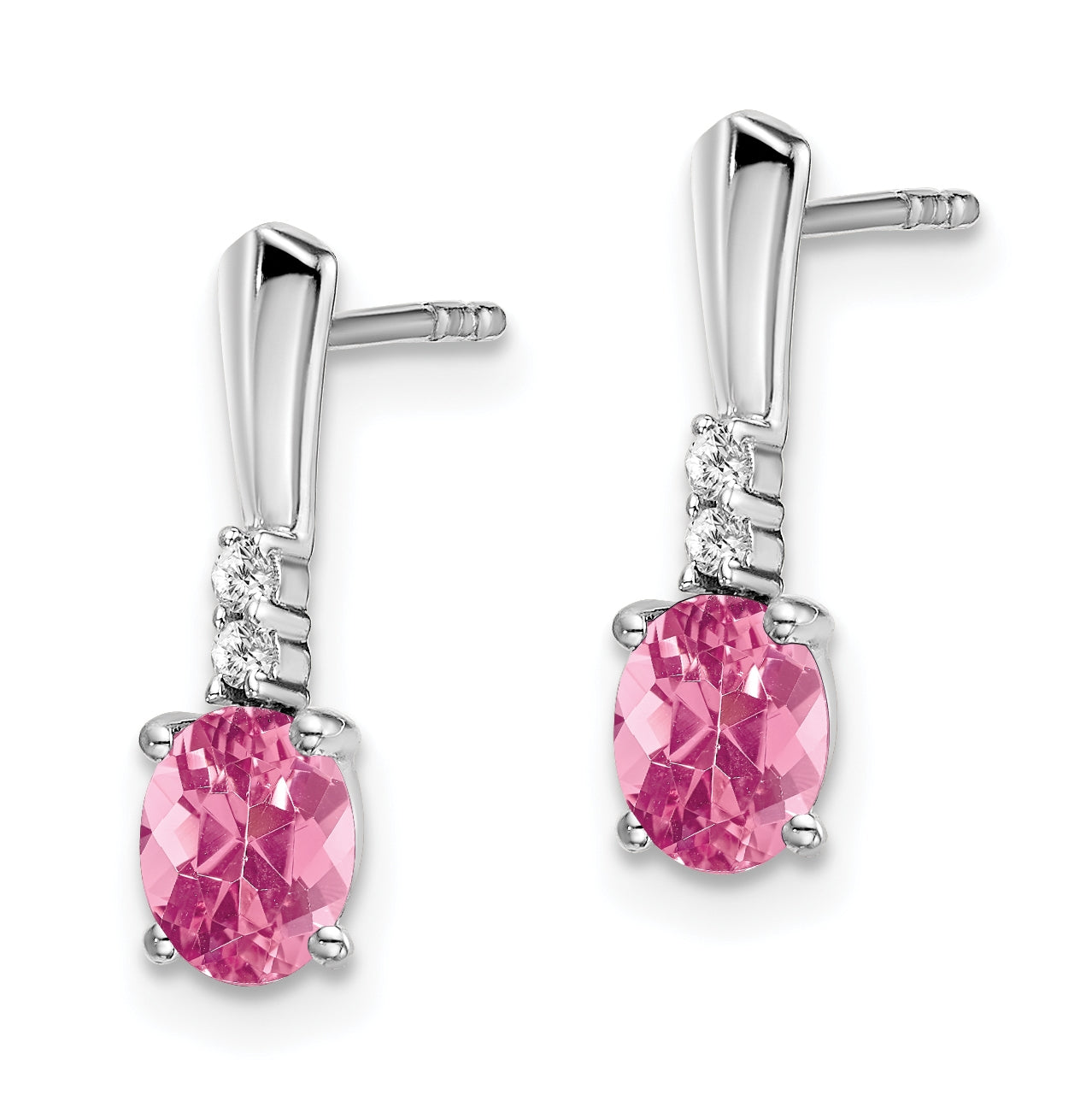 14k White Gold Oval Pink Tourmaline and Diamond Dangle Earrings