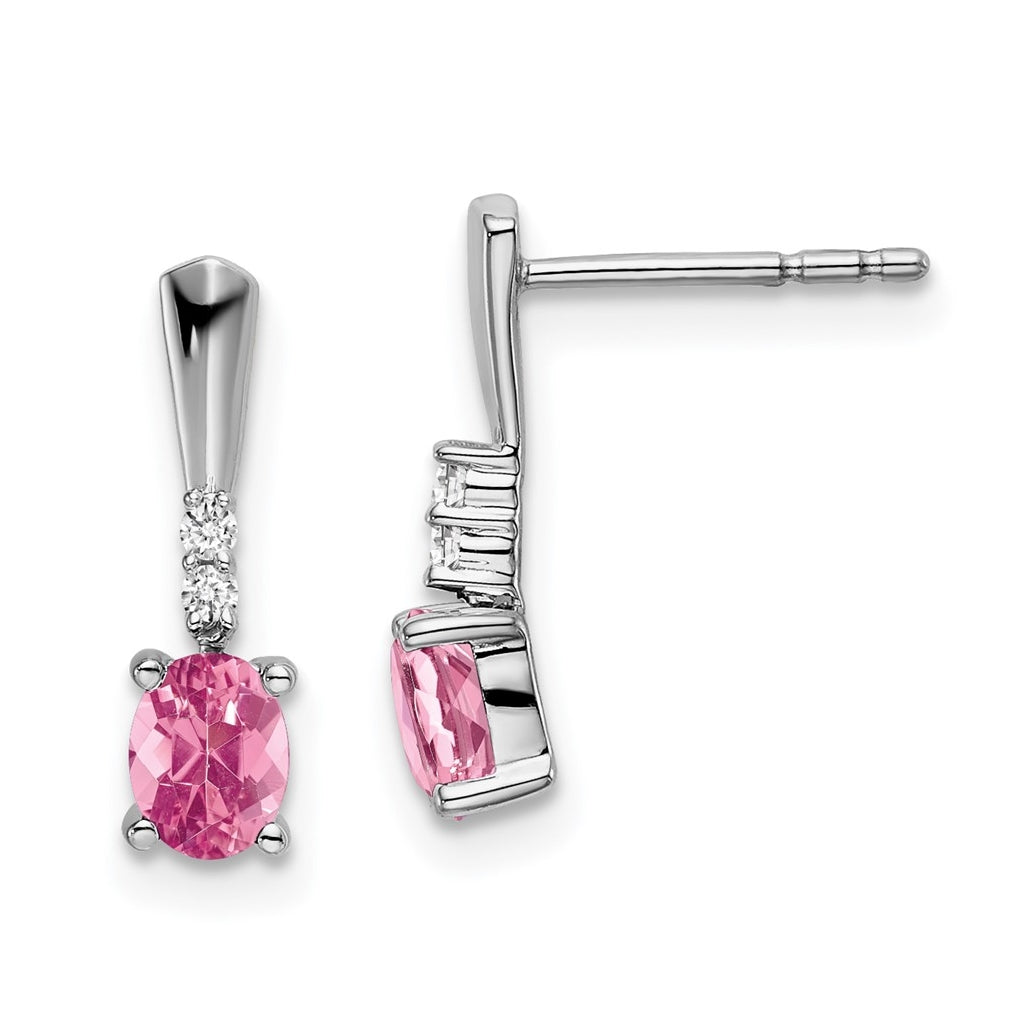 14k White Gold Oval Pink Tourmaline and Diamond Dangle Earrings