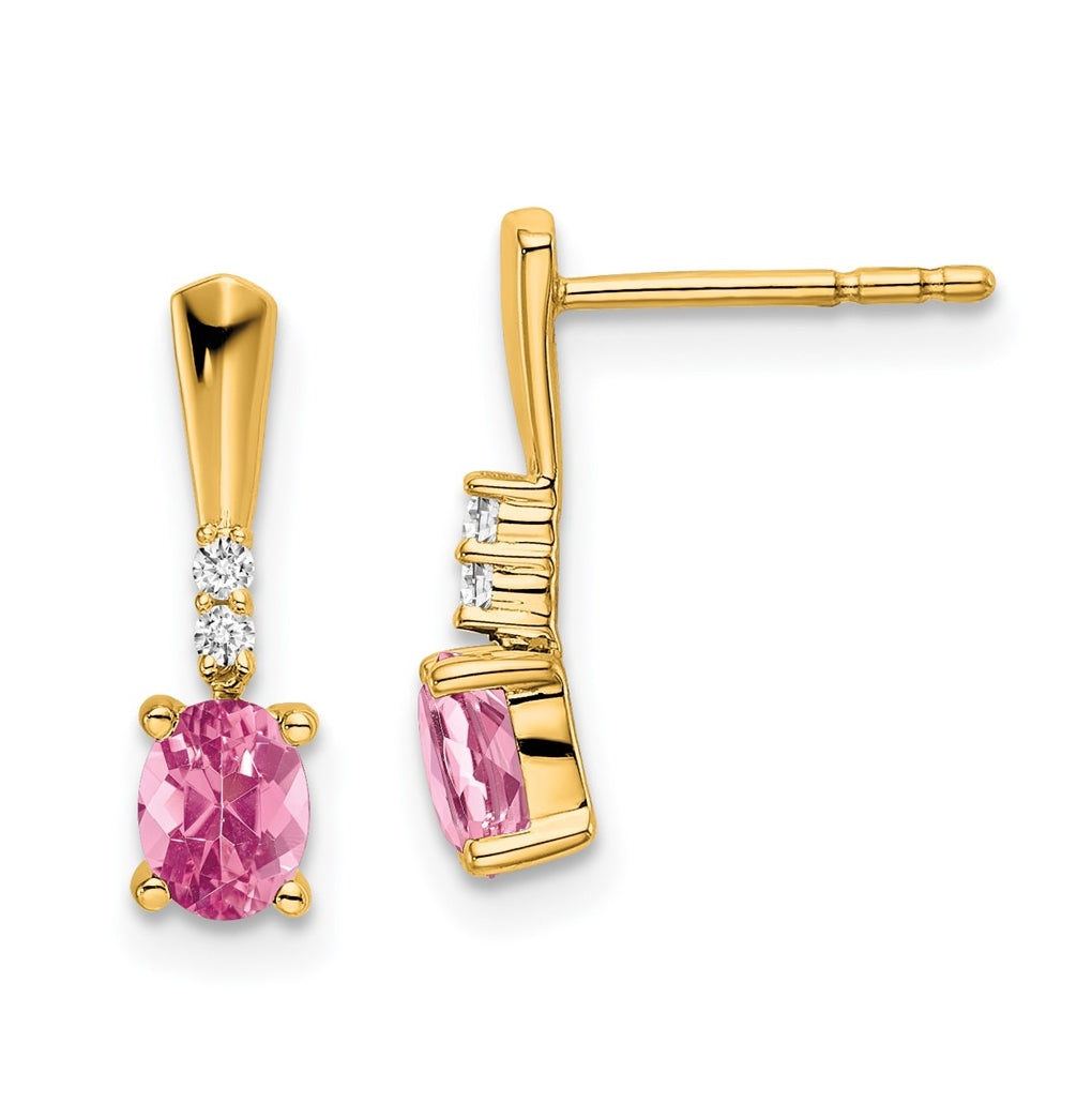 14K Yellow Gold Oval Pink Tourmaline and Diamond Dangle Earrings