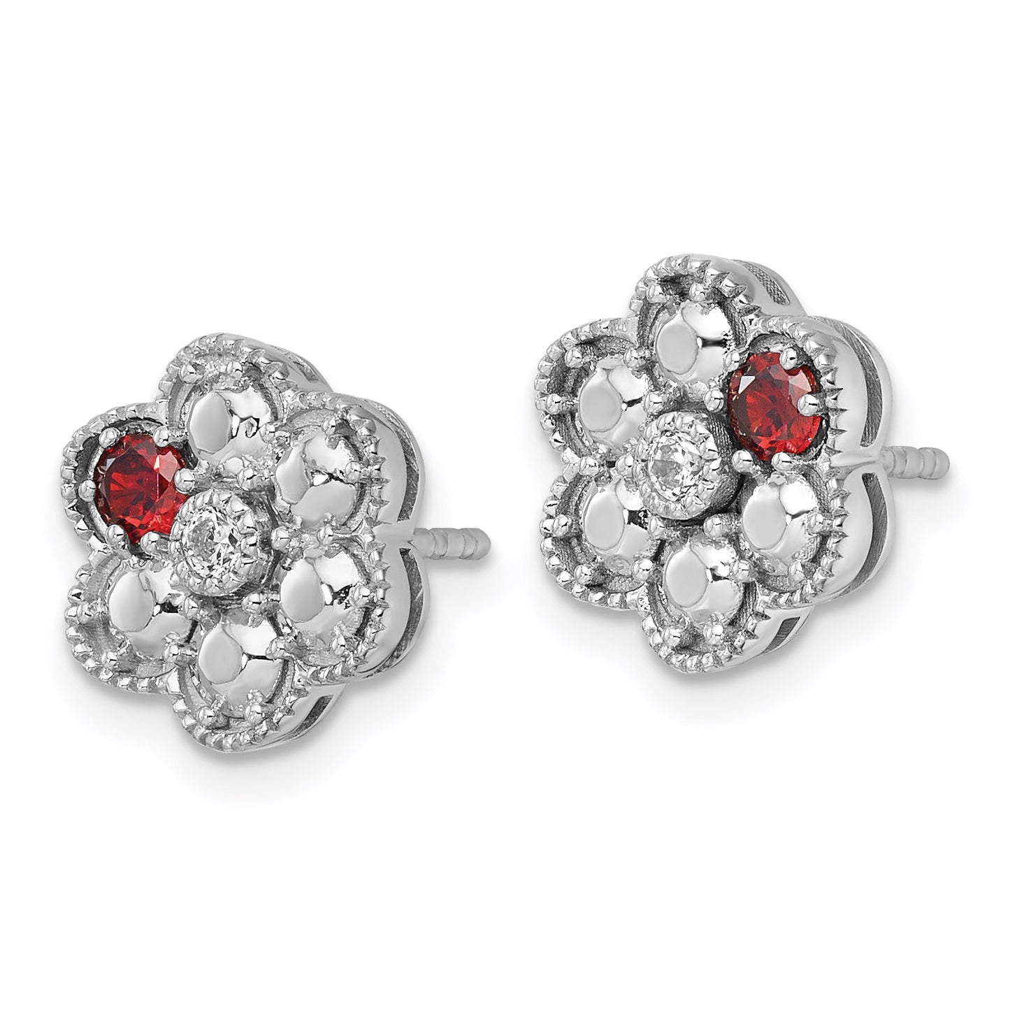 14K White Gold Diamond Flower 1 Synthetic Birthstone Complete Earrings