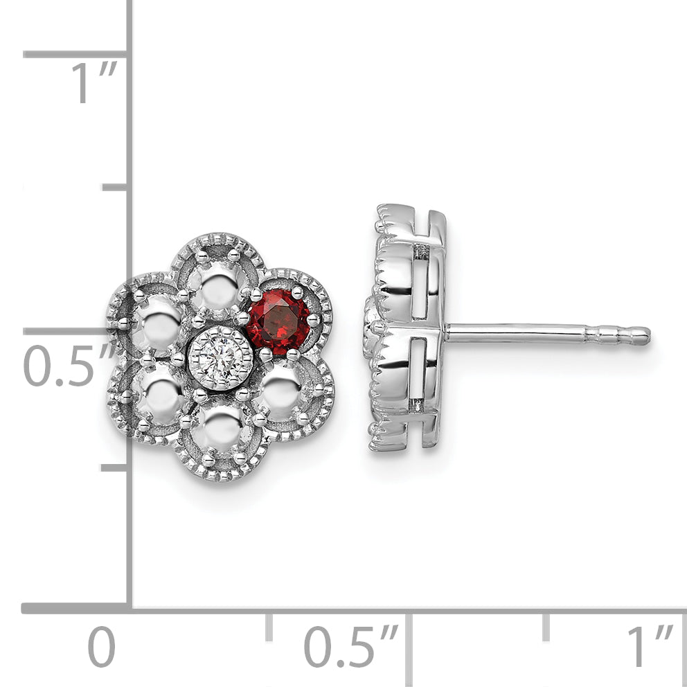 14K White Gold Diamond Flower 1 Synthetic Birthstone Complete Earrings