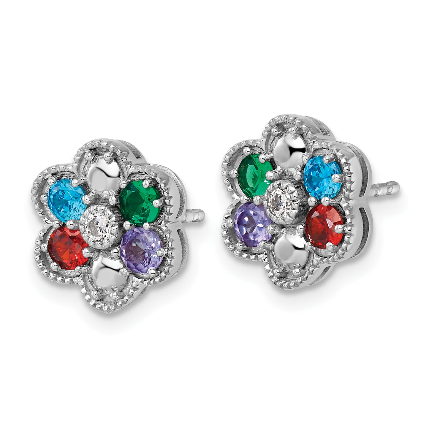 14K White Gold Diamond Flower 4 Synthetic Birthstone Complete Earrings