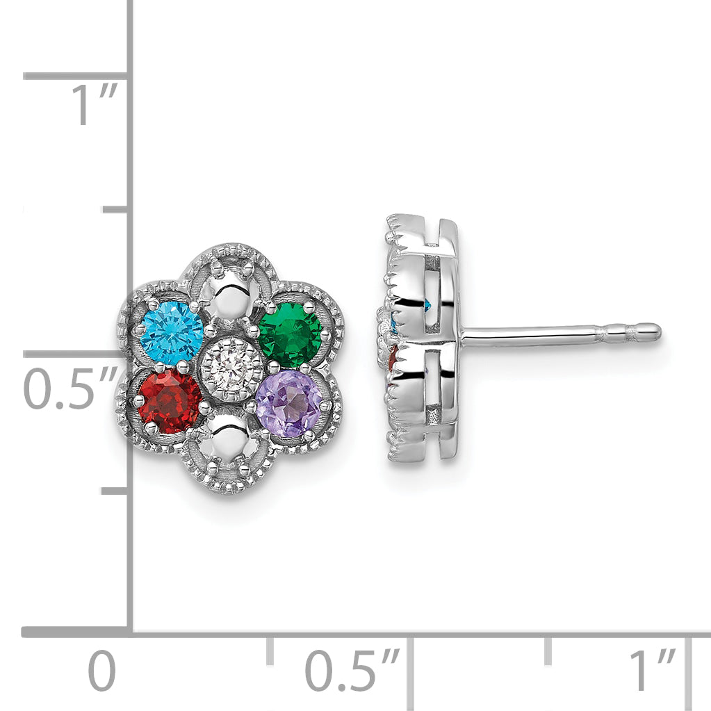 14K White Gold Diamond Flower 4 Synthetic Birthstone Complete Earrings