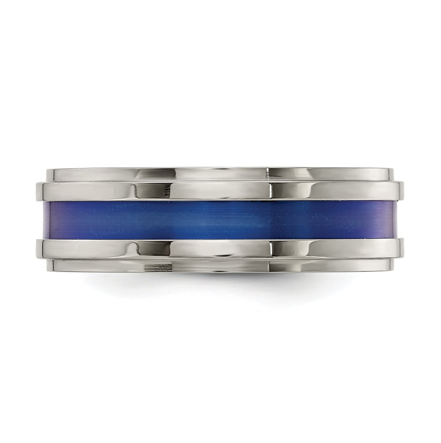 Edward Mirell Gray Titanium with Blue Anodized Stripe Flat Grooved Step Edge 7mm Band, Size 10.5