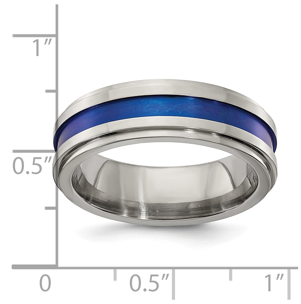 Edward Mirell Gray Titanium with Blue Anodized Stripe Flat Grooved Step Edge 7mm Band, Size 10.5