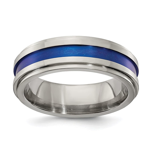 Edward Mirell Gray Titanium with Blue Anodized Stripe Flat Grooved Step Edge 7mm Band, Size 10