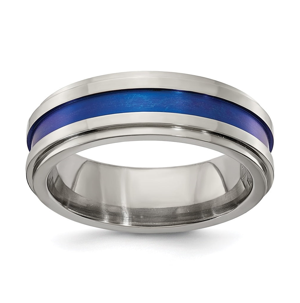 Edward Mirell Gray Titanium with Blue Anodized Stripe Flat Grooved Step Edge 7mm Band, Size 10.5