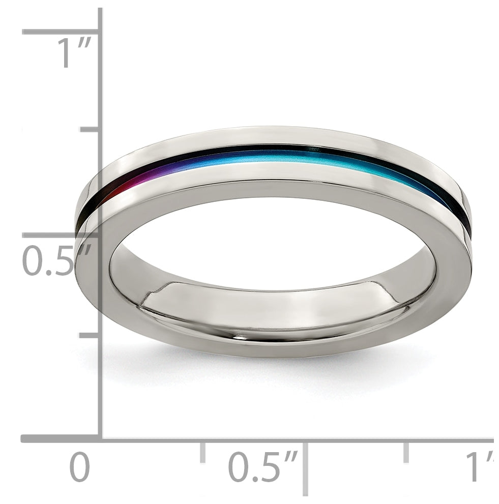 Edward Mirell Gray Titanium Rainbow Anodized Grooved Flat 4mm Band, Size 9.5