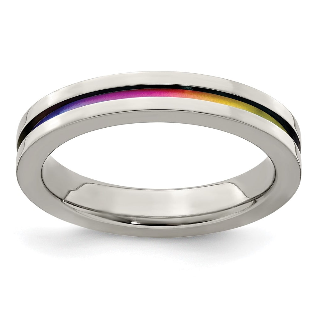 Edward Mirell Gray Titanium Rainbow Anodized Grooved Flat 4mm Band, Size 8