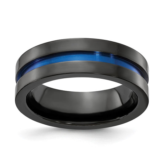 Edward Mirell Black Titanium Blue Anodized Wide Center 7mm Band, Size 12