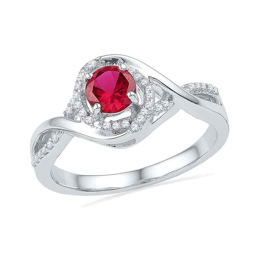 10kt White Gold Womens Round Lab-created Ruby Solitaire Diamond Twist Ring 3/4 Cttw