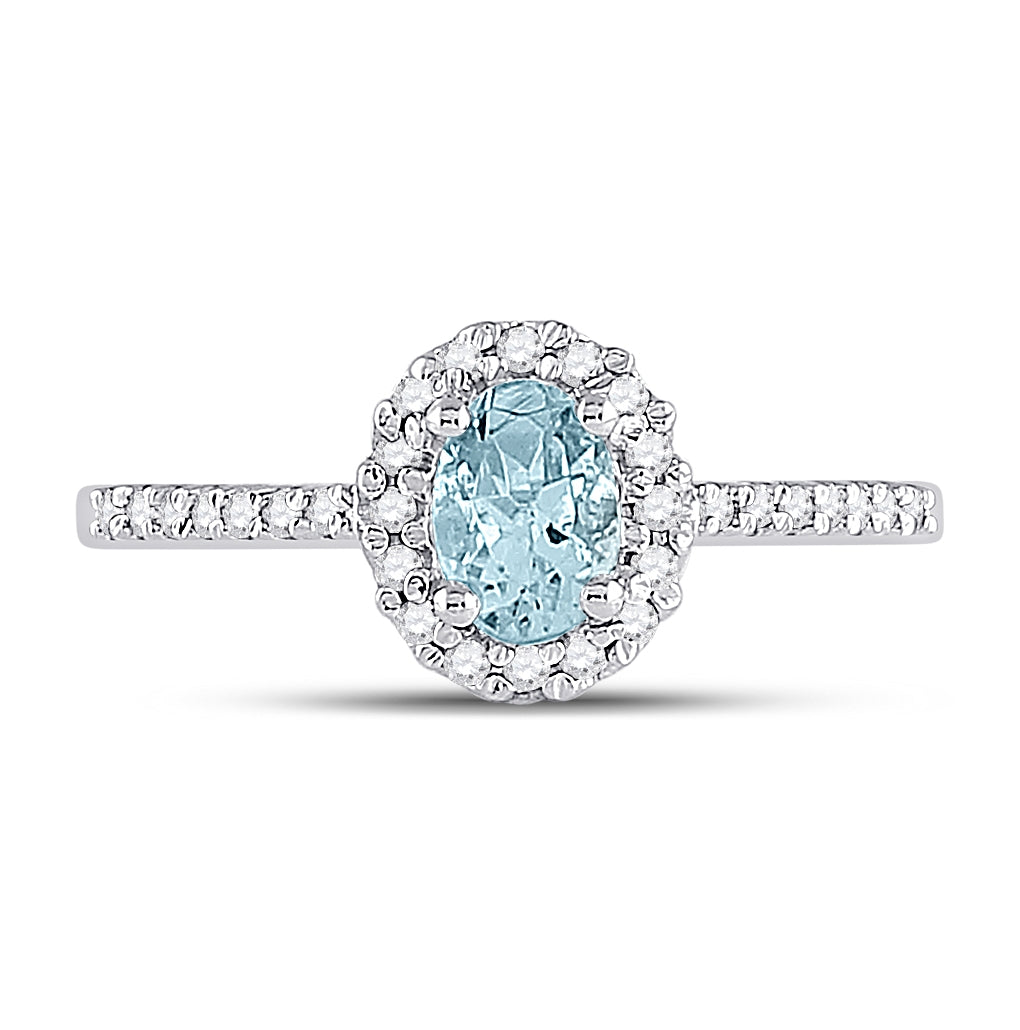 10K White Gold Womens Oval Aquamarine Diamond-accent Solitaire Ring 1/5 Cttw, Womens Size: 5-10