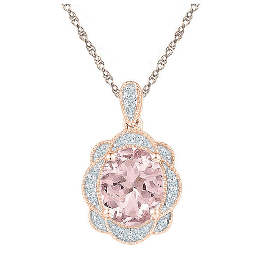 10kt Rose Gold Womens Oval Lab-created Morganite Oval Diamond Pendant 2.00 Cttw