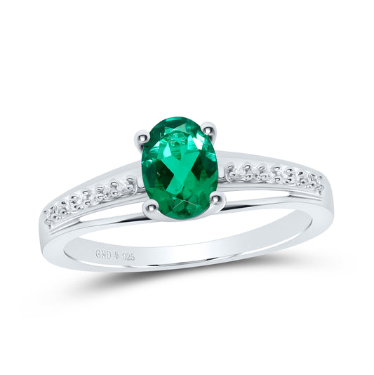 Sterling Silver Womens Oval Synthetic Emerald Solitaire Diamond Ring 1/2 Cttw, Womens Size: 5-10