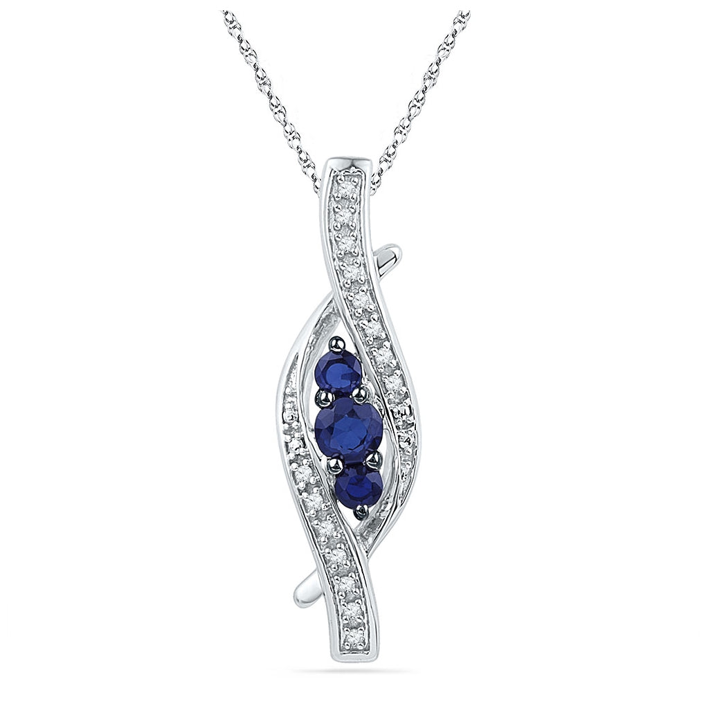 Sterling Silver Womens Round Synthetic Blue Sapphire Diamond Pendant 1/20ctw, Length: 1.09 Inch Width: 0.3 Inch