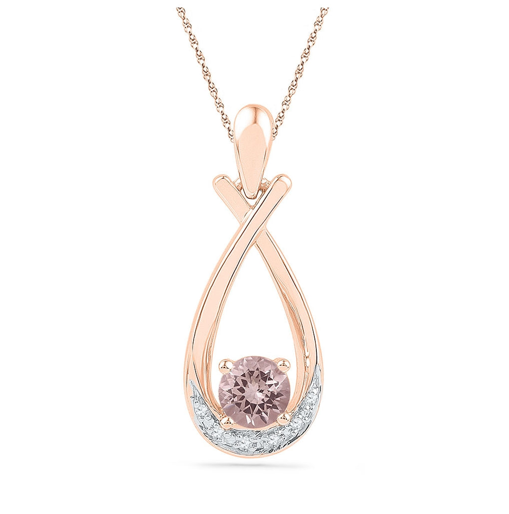 10kt Rose Gold Womens Round Lab-created Morganite Solitaire Diamond Teardrop Pendant 3/8 Cttw