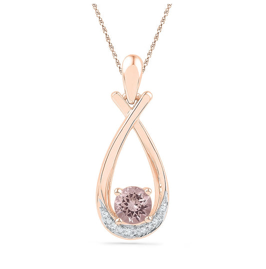 10kt Rose Gold Womens Round Lab-created Morganite Solitaire Diamond Teardrop Pendant 3/8 Cttw