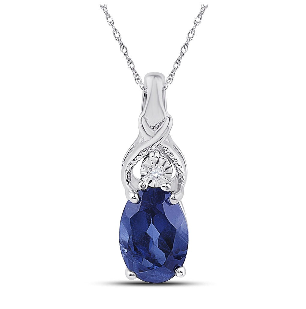 Sterling Silver Womens Oval Synthetic Blue Sapphire Solitaire Diamond Pendant 7/8ctw, Width: 0.17 In