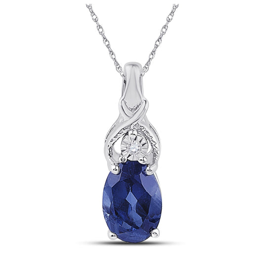 Sterling Silver Womens Oval Synthetic Blue Sapphire Solitaire Diamond Pendant 7/8ctw, Width: 0.17 In