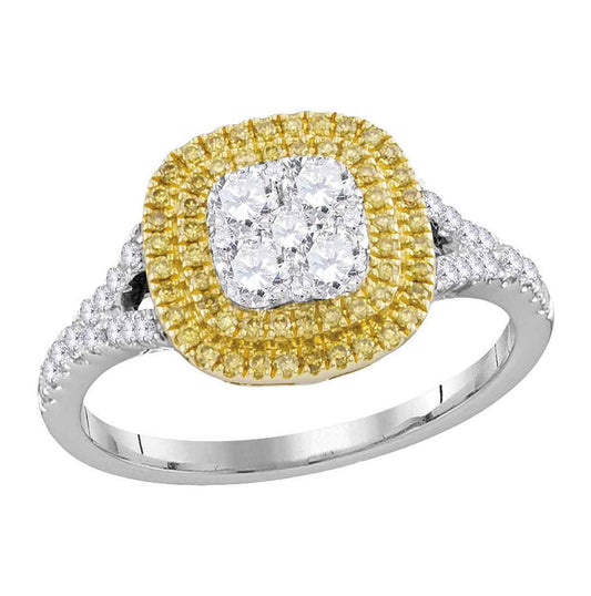 18K White Gold Womens Round Yellow Diamond Cluster Ring 3/4 Cttw, Womens Size: 5-10