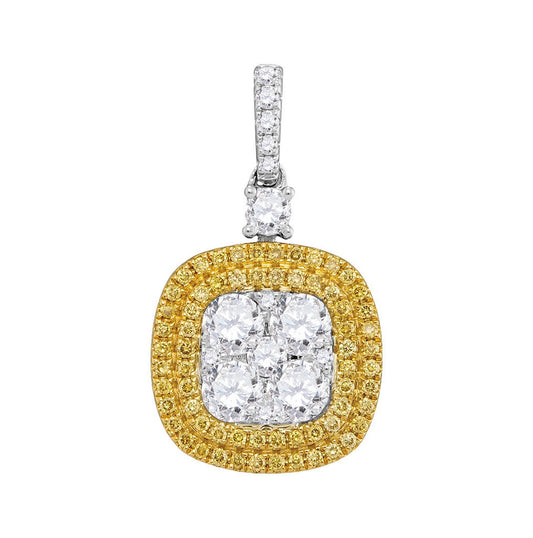 18kt White Gold 18kt White Gold Womens Round Yellow Diamond Square Cluster Pendant 1.00 Cttw