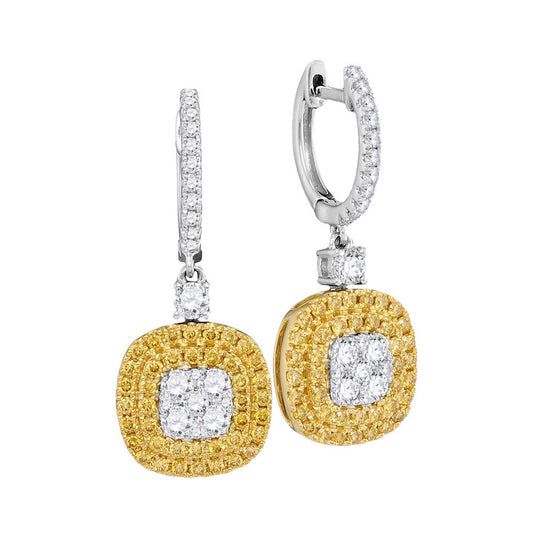 18kt White Gold 18kt White Gold Womens Round Yellow Diamond Square Dangle Earrings 1-1/2 Cttw