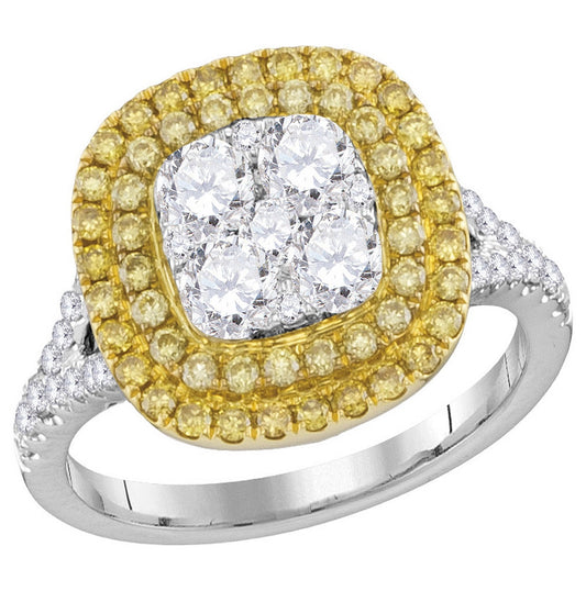 18kt White Gold 18kt White Gold Womens Round Yellow Diamond Cluster Bridal Wedding Engagement Ring 1-1/2 Cttw