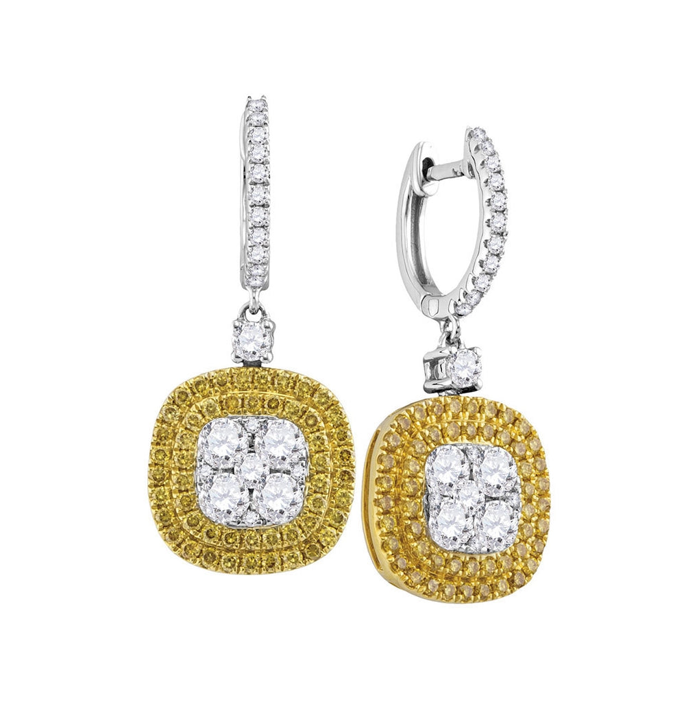 18kt White Gold 18kt White Gold Womens Round Yellow Diamond Square Cluster Dangle Earrings 2-1/5 Cttw