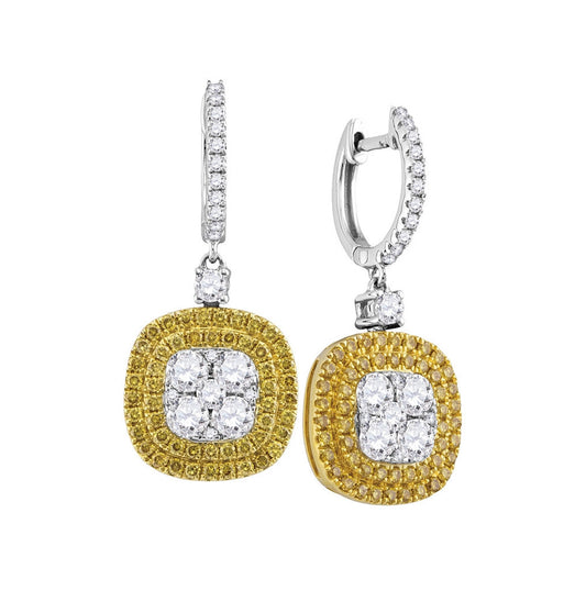 18kt White Gold 18kt White Gold Womens Round Yellow Diamond Square Cluster Dangle Earrings 2-1/5 Cttw