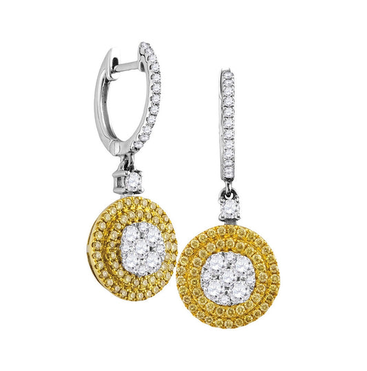 18kt White Gold 18kt White Gold Womens Round Yellow Diamond Circle Frame Cluster Dangle Earrings 1.00 Cttw