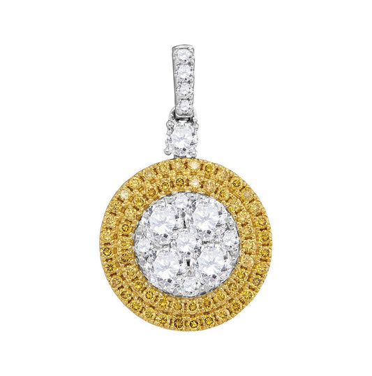 18kt White Gold 18kt White Gold Womens Round Yellow Diamond Circle Cluster Dangle Pendant 1-3/4 Cttw