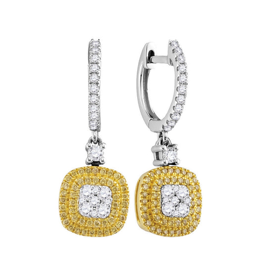 18kt White Gold 18kt White Gold Womens Round Yellow Diamond Square Cluster Dangle Earrings 3/4 Cttw