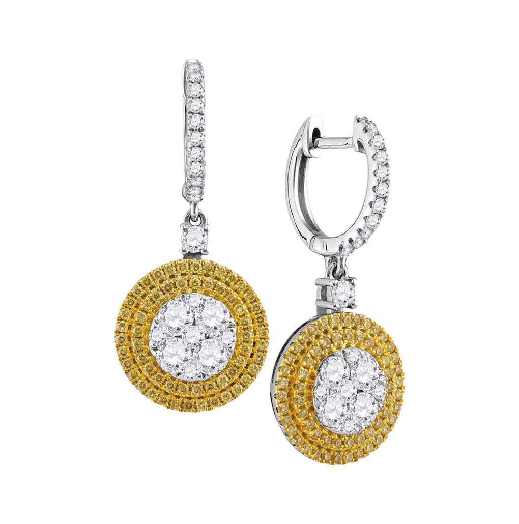 18kt White Gold 18kt White Gold Womens Round Yellow Diamond Circle Frame Cluster Dangle Earrings 1-5/8 Cttw