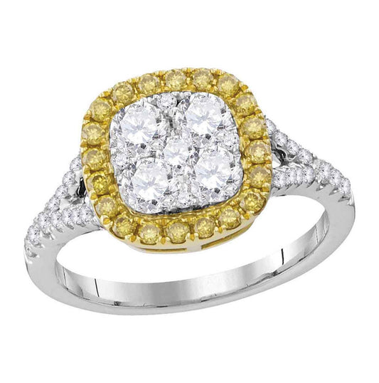 18K White Gold Womens Round Yellow Diamond Square Cluster Ring 1-1/3 Cttw, Womens Size: 5-10