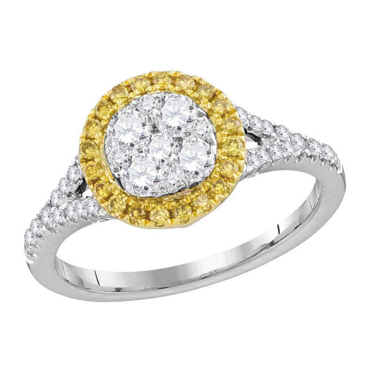 18K White Gold Womens Round Yellow Diamond Cluster Ring 3/4ctw, Womens Size: 5-10