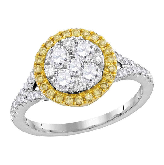 18kt White Gold 18kt White Gold Women's Round Yellow Diamond Cluster Bridal Wedding Engagement Ring 1.00ctw