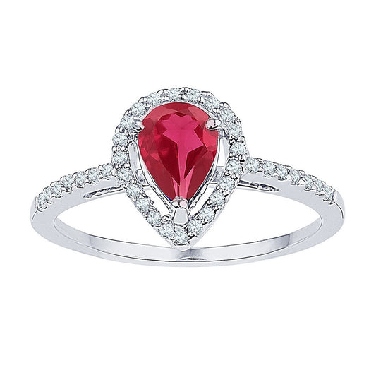 10K White Gold Womens Pear Synthetic Ruby Diamond Solitaire Ring 1 Cttw, Womens Size: 5-10