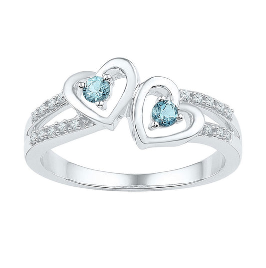 Sterling Silver Womens Round Synthetic Aquamarine Diamond Heart Ring 1/5 Cttw, Womens Size: 5-10